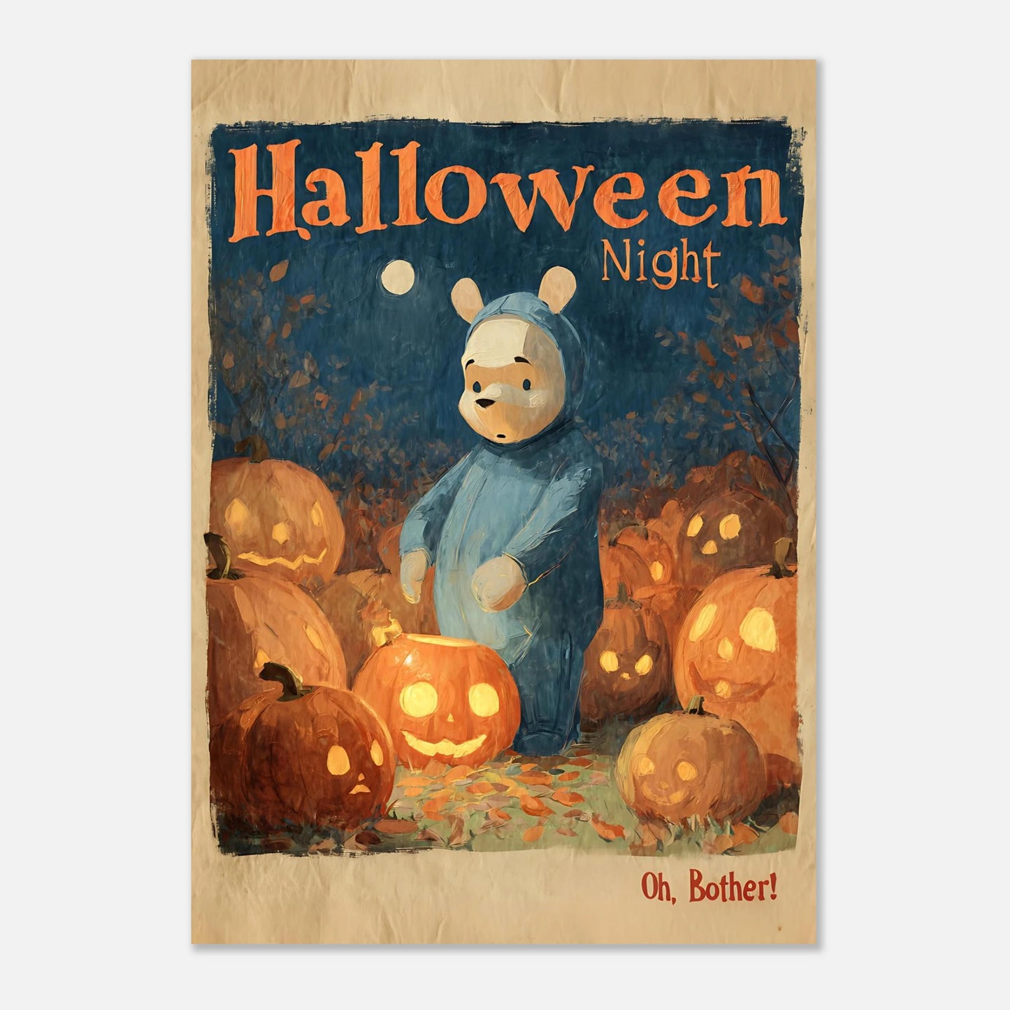 Large Winnie the Pooh Halloween vintage poster A1 size 59.4x84.1 cm, retro wall art with pumpkins
