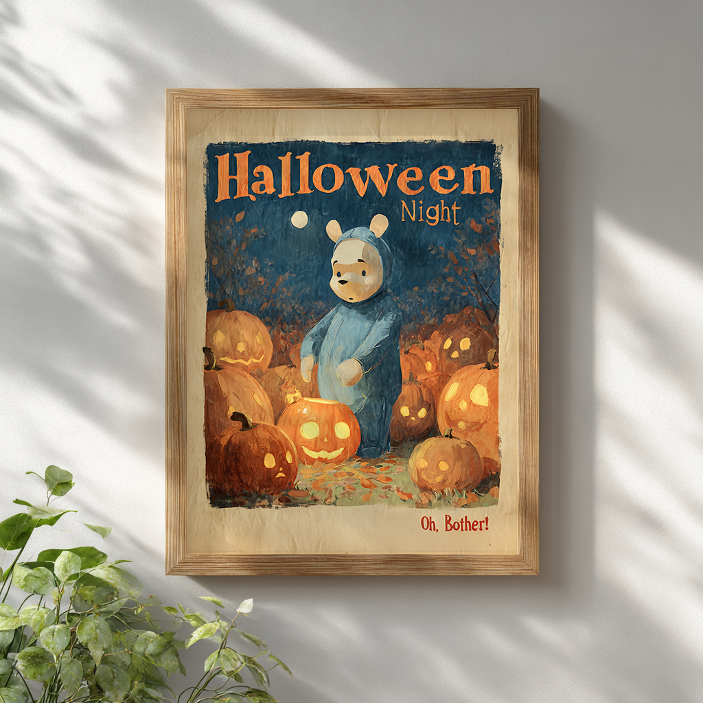 Vintage Winnie the Pooh Halloween poster wall art in wooden frame against white wall with glowing pumpkins