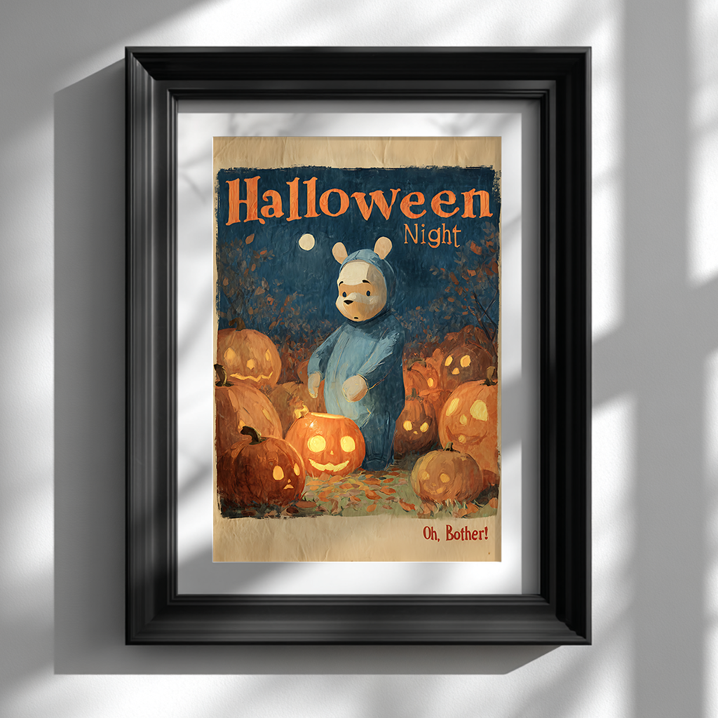 Vintage Winnie the Pooh Halloween poster wall art in black frame against white wall with glowing jack-o’-lanterns