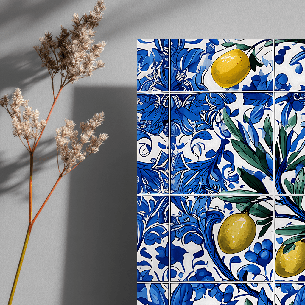 Close-up detail of hand-painted ceramic pattern olive branch poster