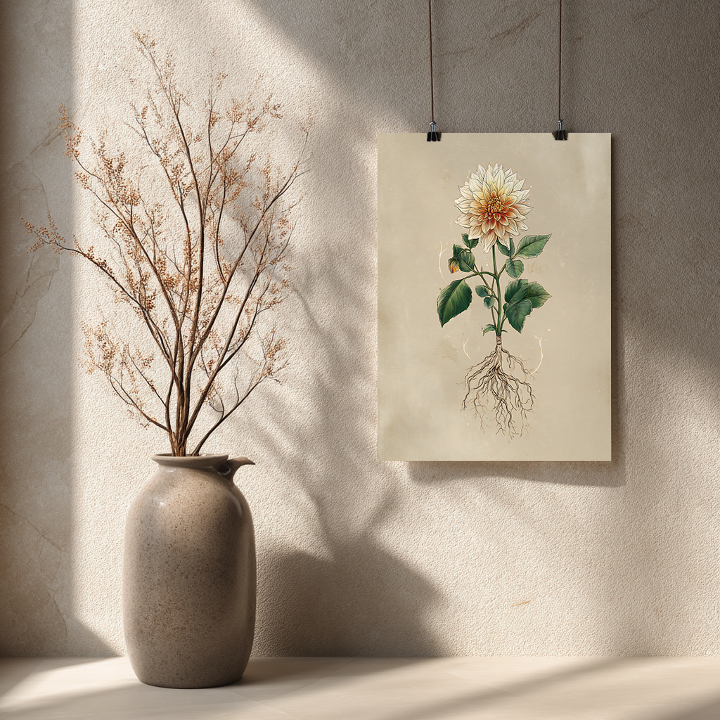 Vase with dried branches and botanical illustration on a wall of a dahlia flower