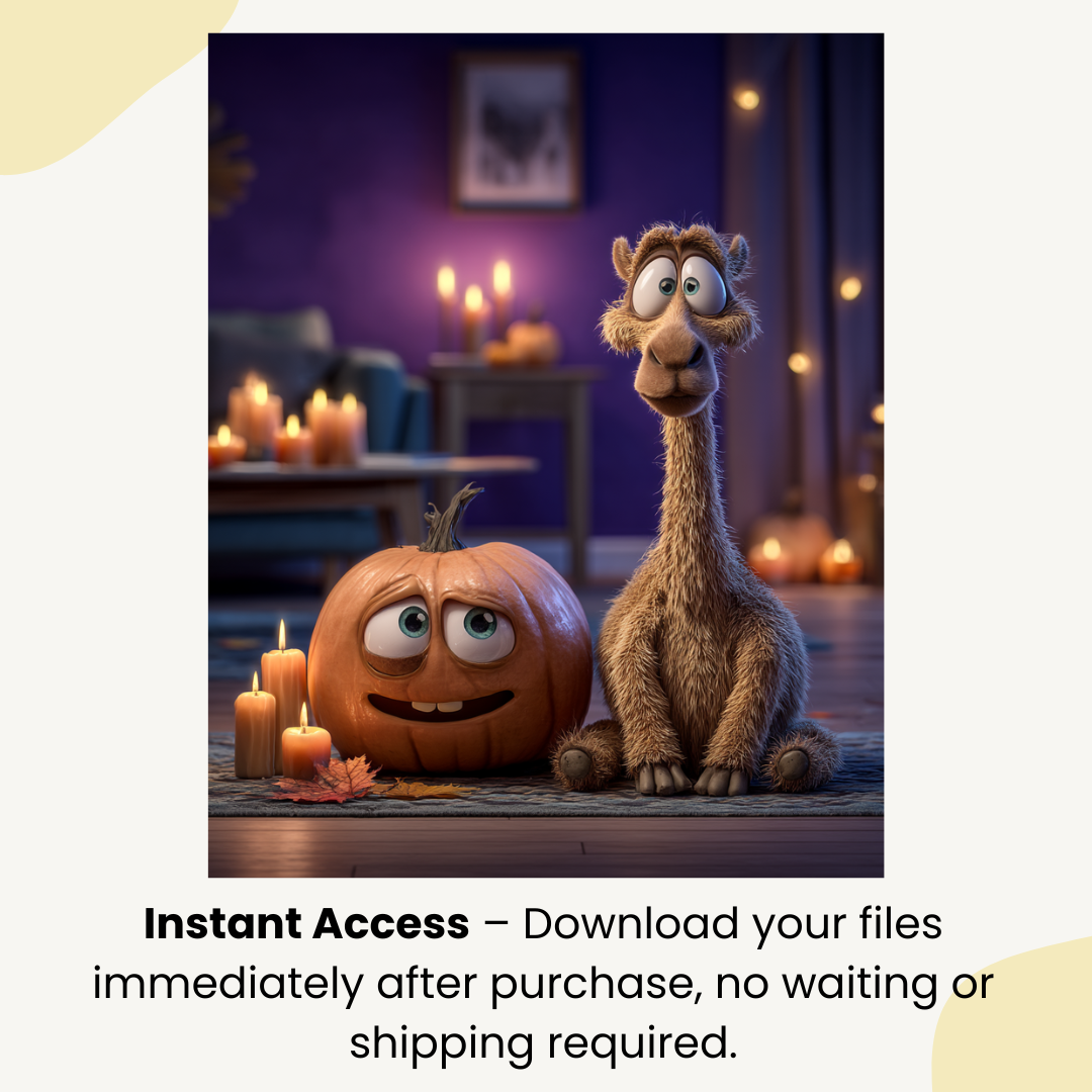 Instant access USP card for Pixar-style digital image bundle offering quick download of animal and pumpkin artwork.