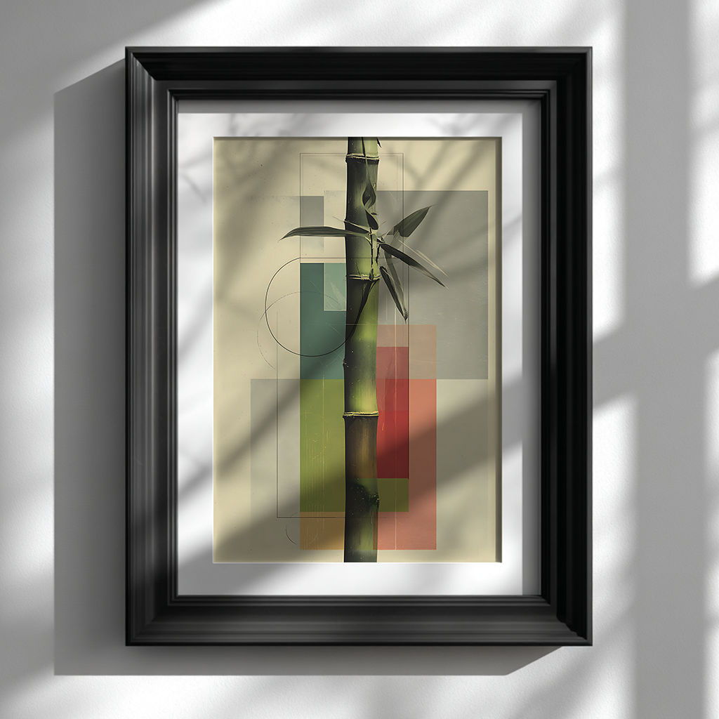 Japanese bamboo poster displayed in black frame on white wall showcasing minimalist zen decor styling