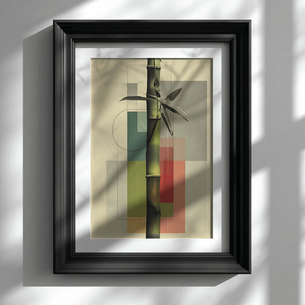 Japanese bamboo poster displayed in black frame on white wall showcasing minimalist zen decor styling