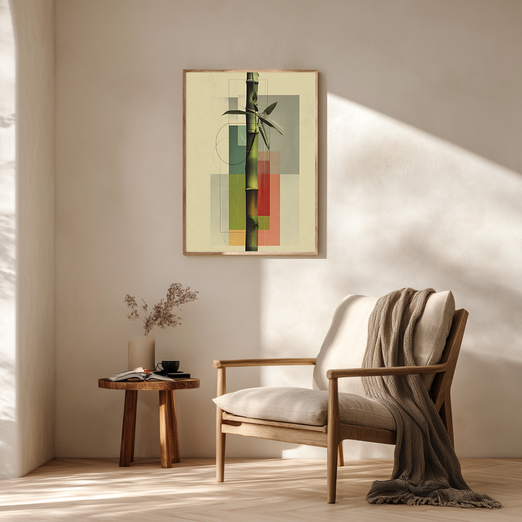 Japanese bamboo poster featuring minimalist zen wall art displayed in cozy reading nook interior design