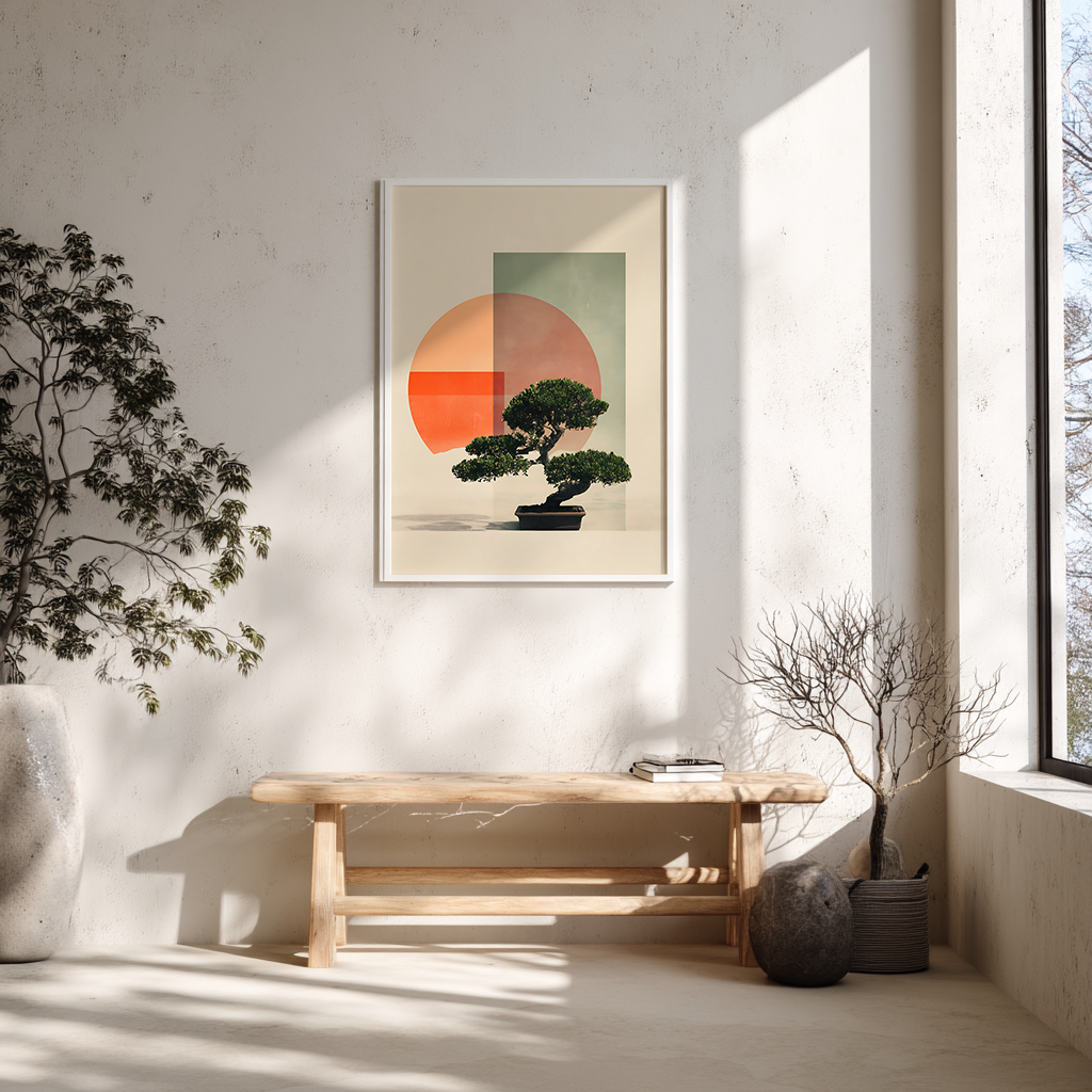 Japanese botanical poster with bonsai motif displayed on Scandinavian wooden bench in minimalist interior design setting