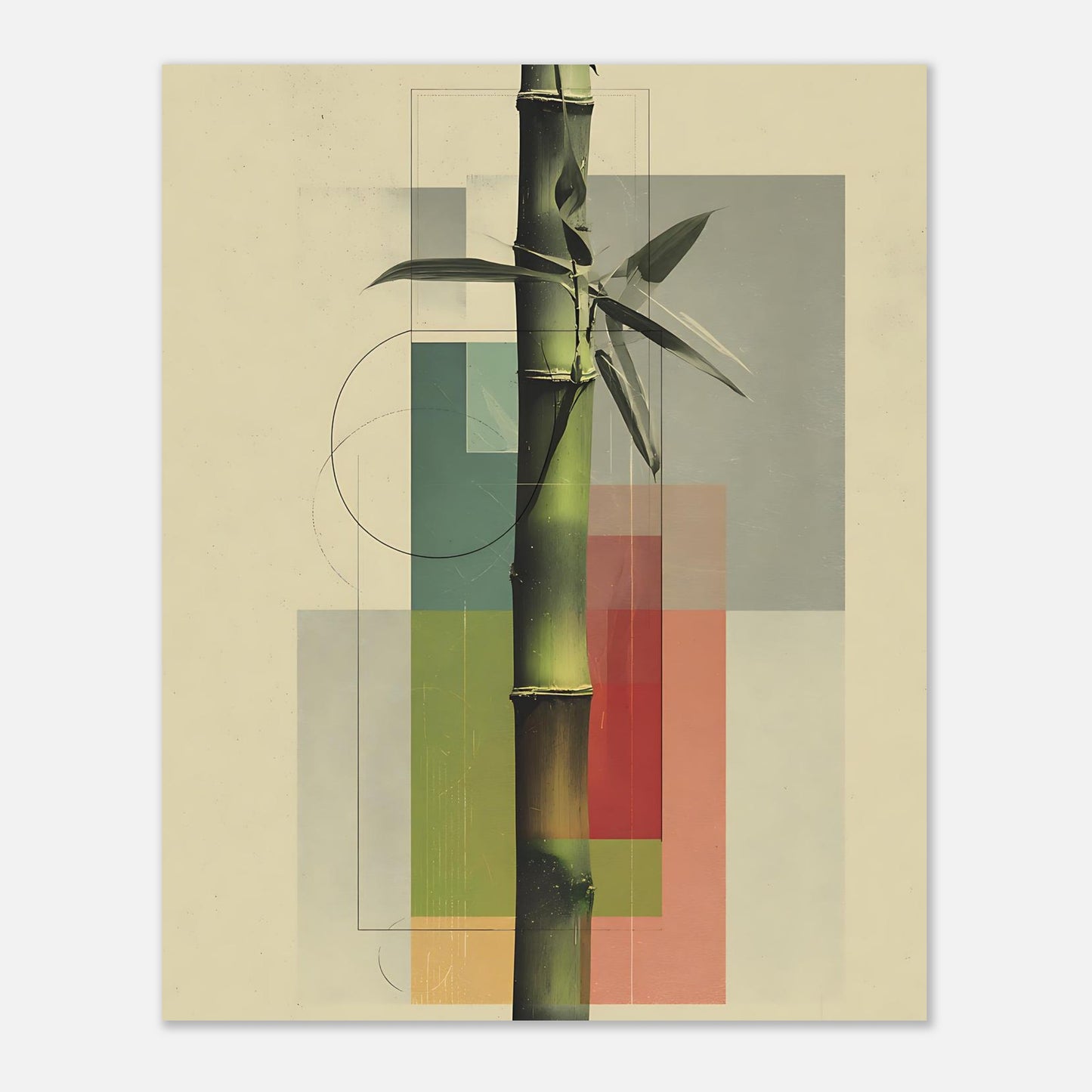 Japanese minimalist bamboo poster with vertical botanical geometric design featuring zen decor elements and muted colour palette