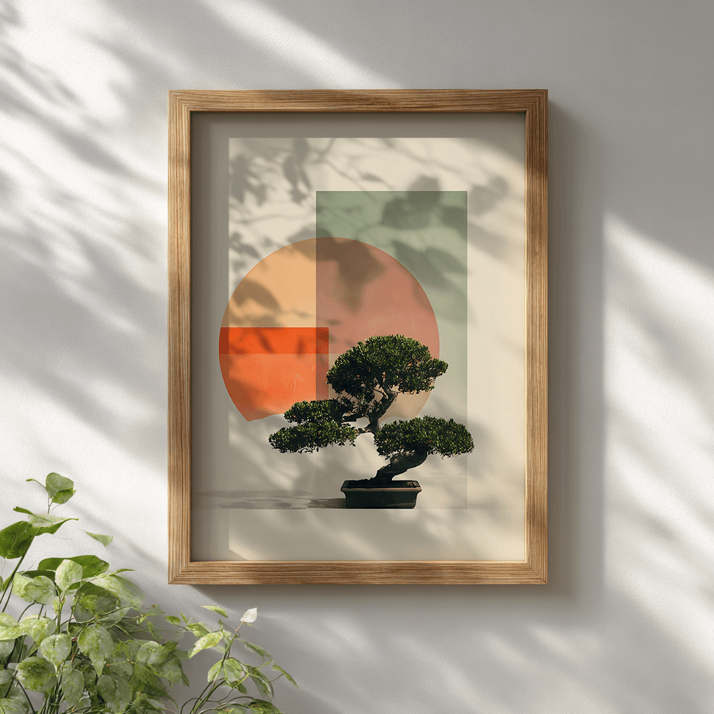 Japanese minimalist bonsai poster with contemporary geometric design displayed in wooden frame on white wall for modern zen decor