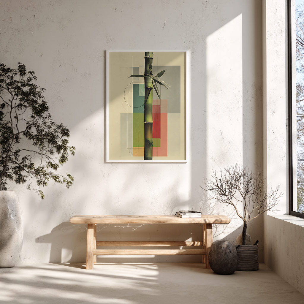 Japanese minimalist poster with bamboo zen decor displayed on Scandinavian bench in contemporary interior setting