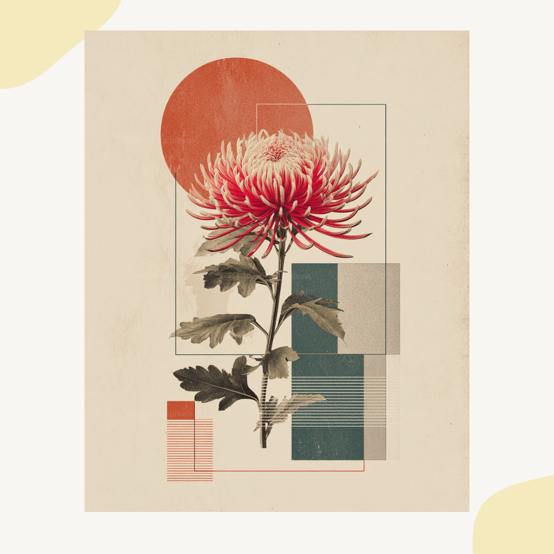 Japanese style botanical poster featuring geometric minimalist design for digital art collection