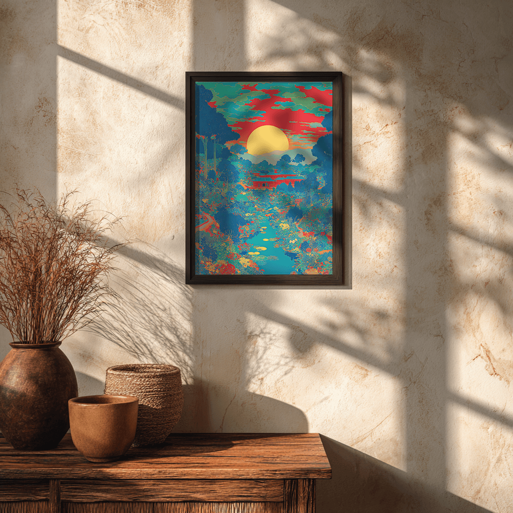 Japanese sunset garden and river poster in glass frame wall display