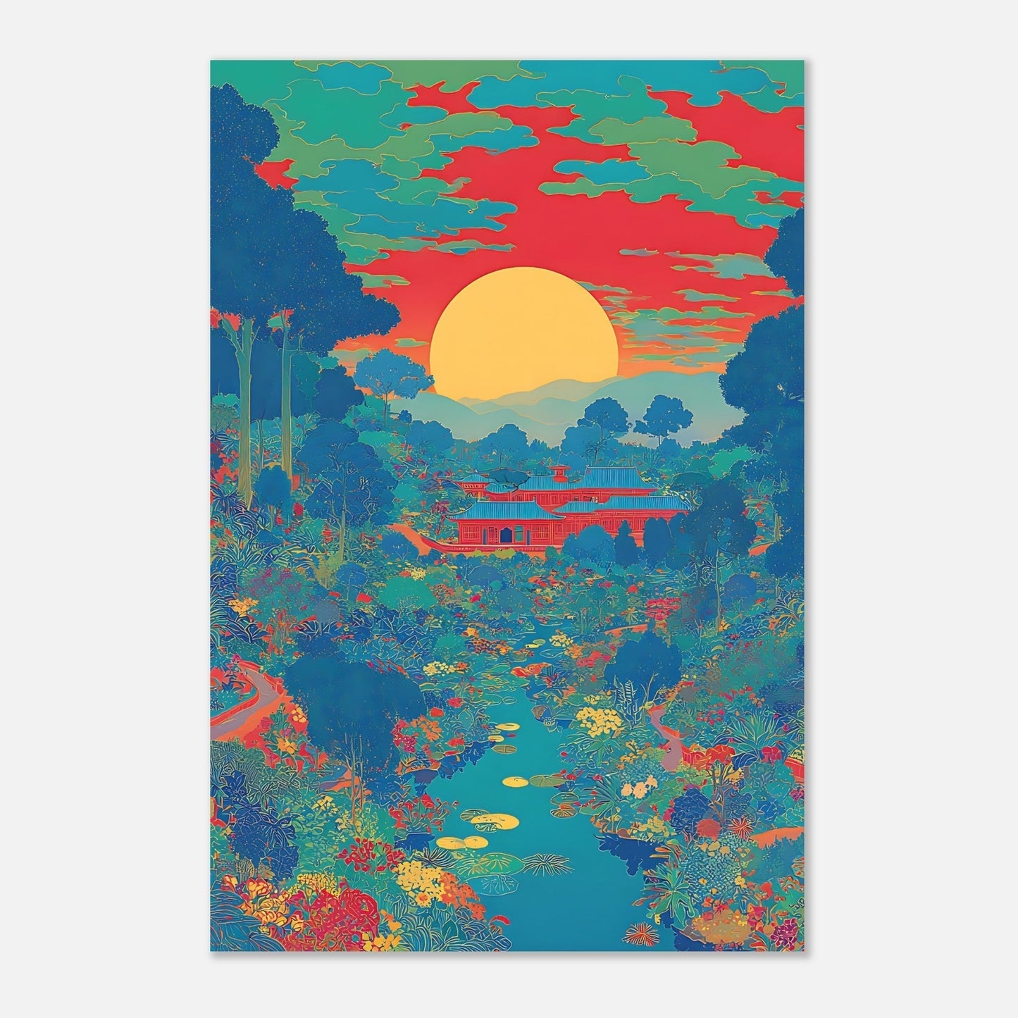 Close-up detail of Japanese sunset poster showing colourful garden and river