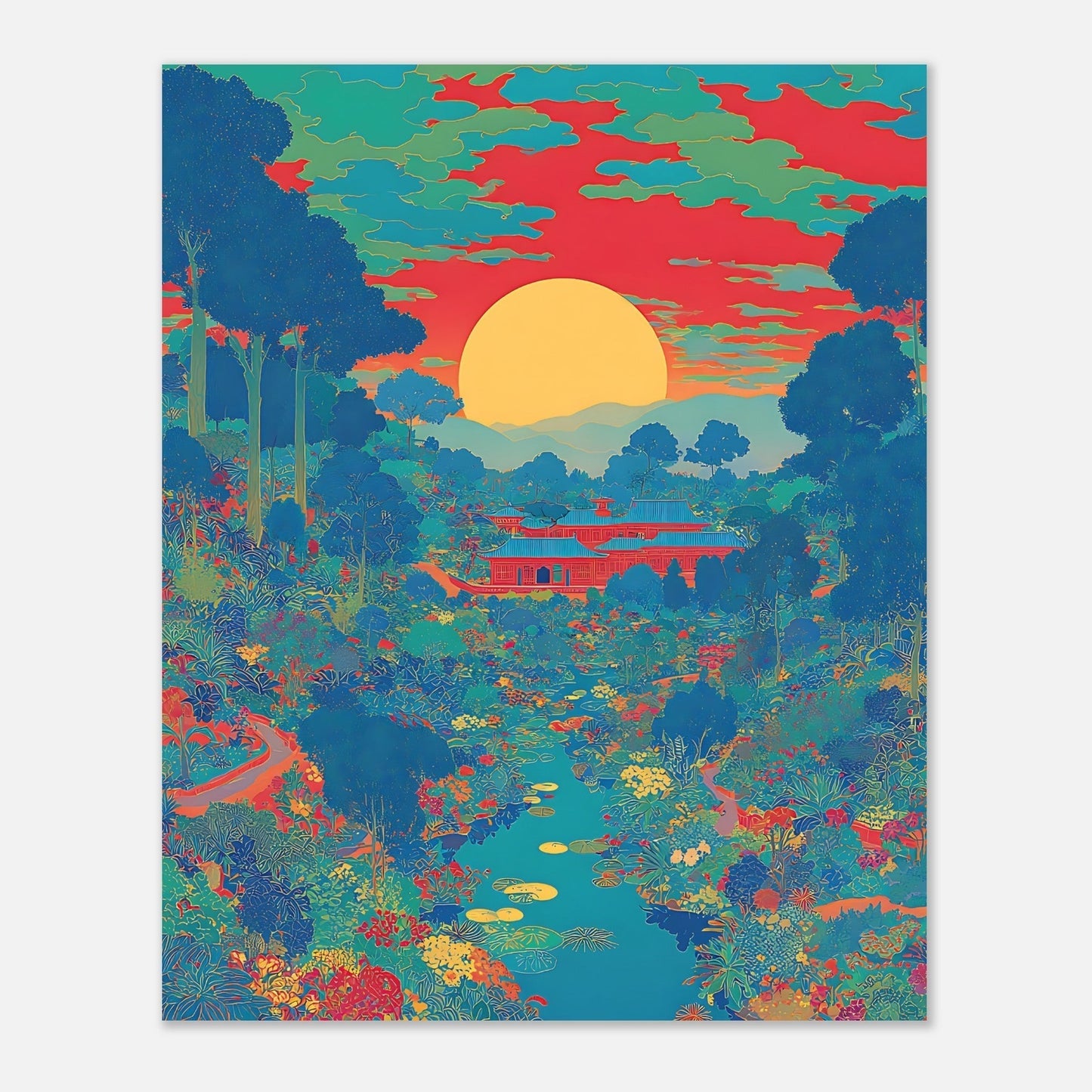 Japanese sunset poster detail featuring vibrant garden colours and river scenery