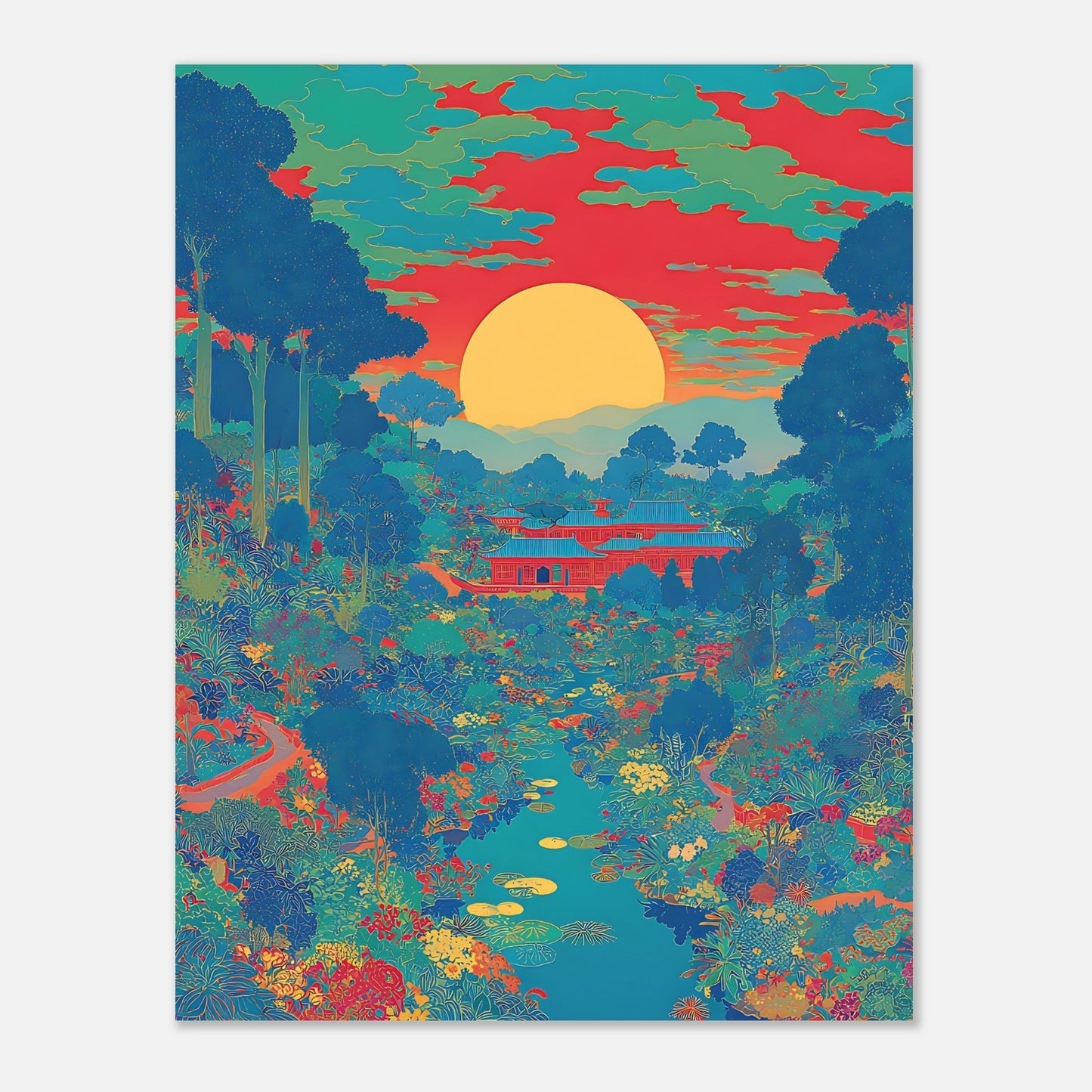 Detailed view of Japanese sunset poster with garden and river artistic elements
