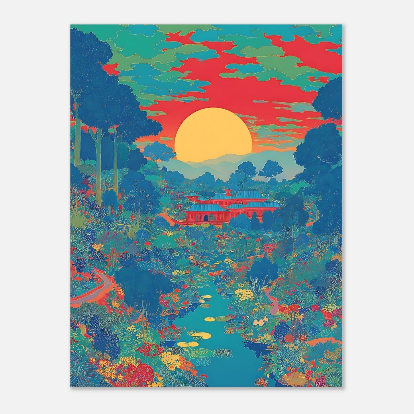 Japanese sunset poster close-up showing garden landscape and river detail