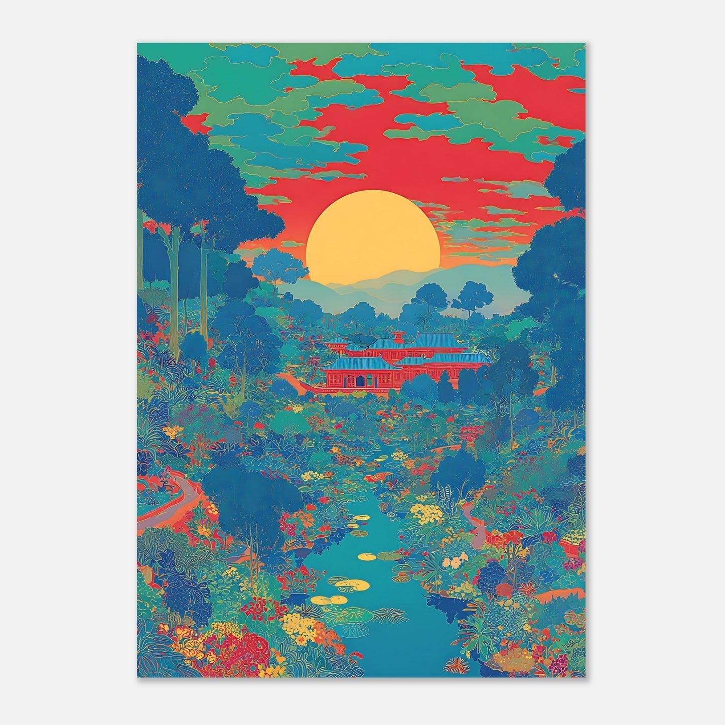 Japanese sunset poster detail highlighting garden colours and river landscape