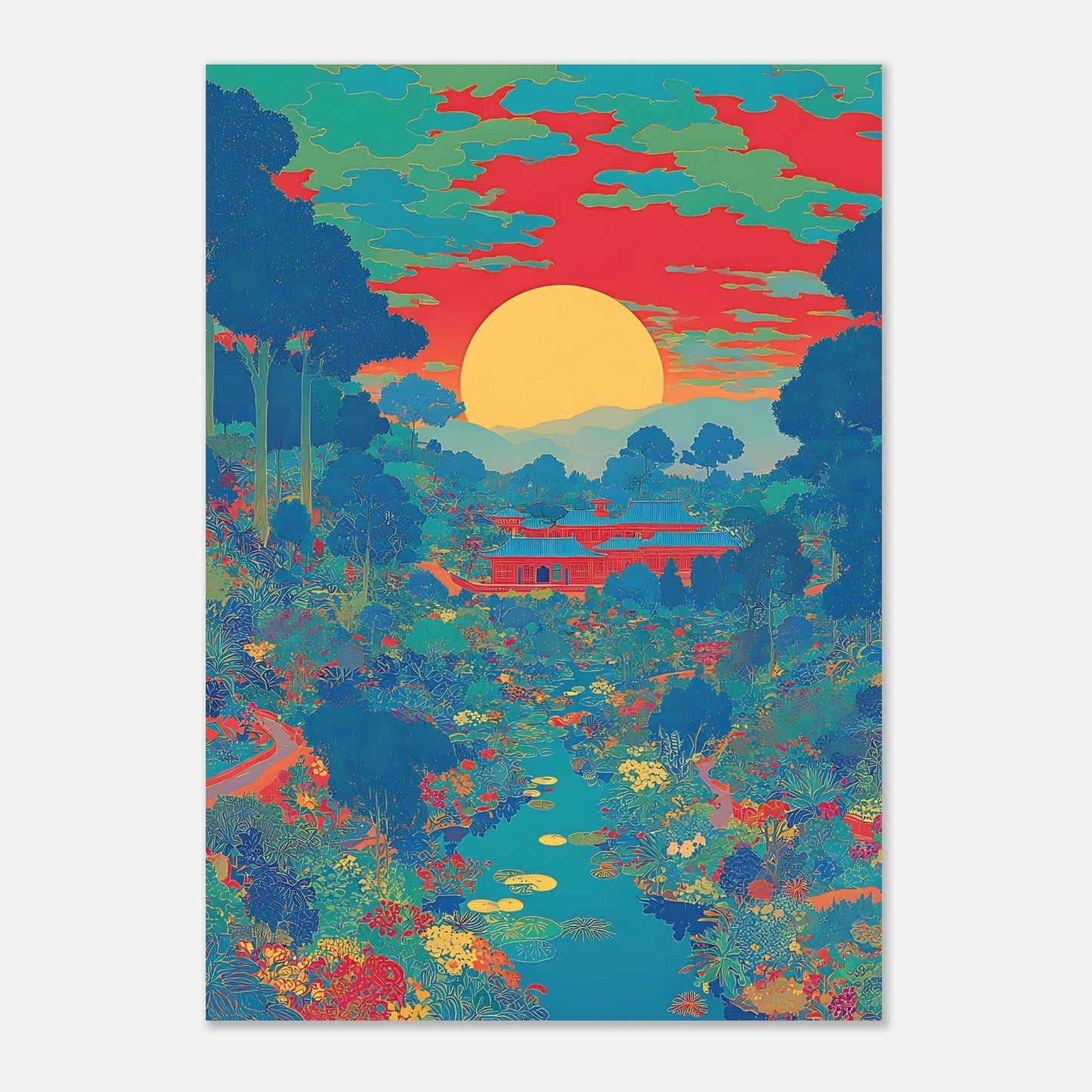 Close-up of Japanese sunset poster showing garden and river artistic composition