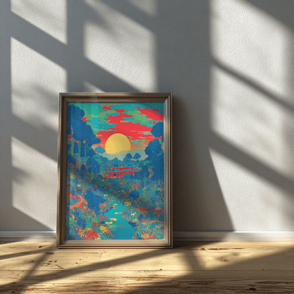 Japanese sunset poster with garden and river detail in elegant glass frame