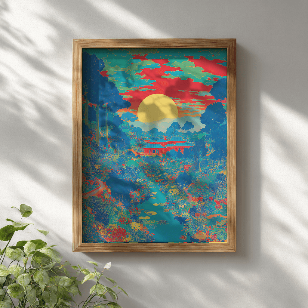 Japanese sunset garden poster print in wooden frame mounted on white wall