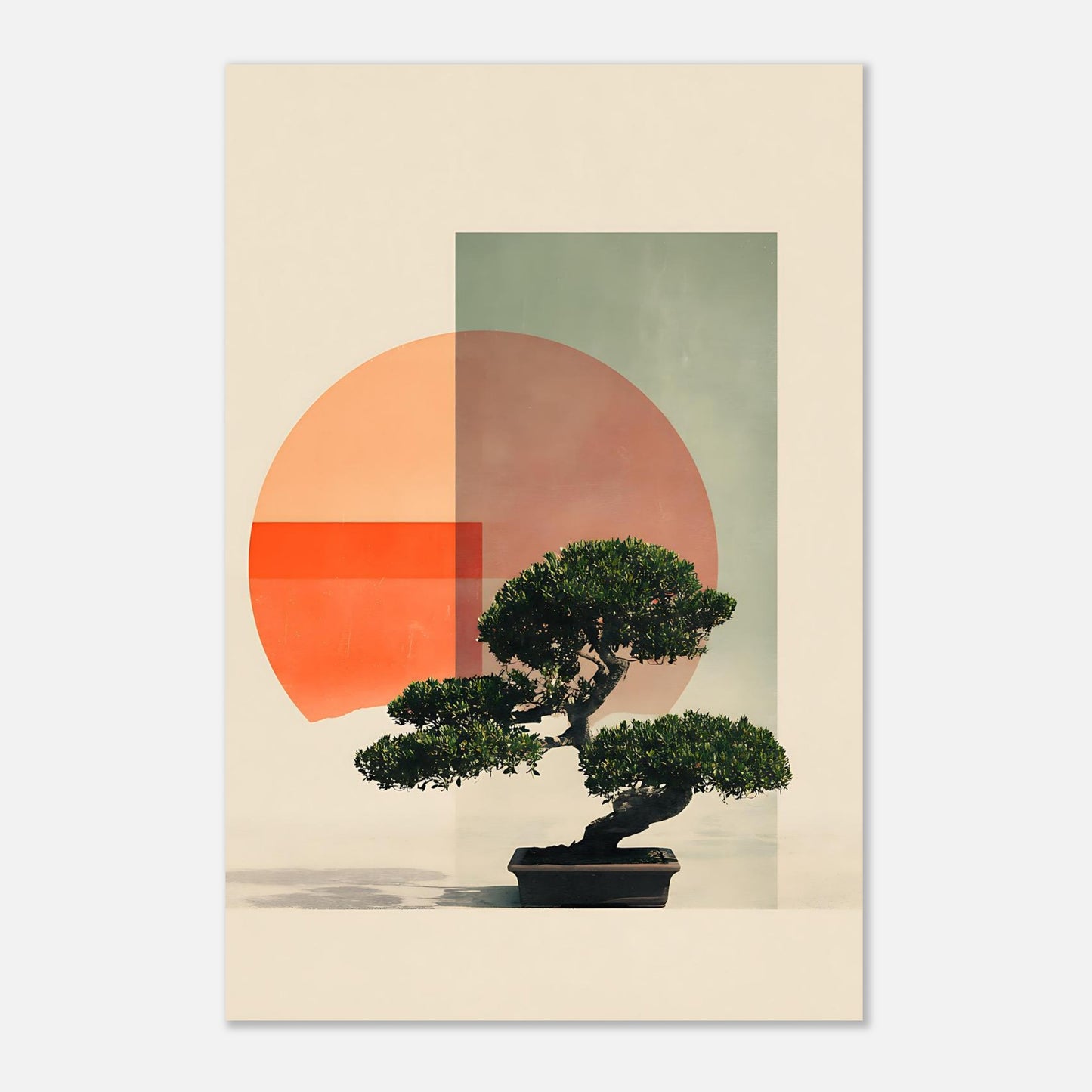 Japanese zen bonsai art print with contemporary botanical design and geometric elements for modern minimalist home decor