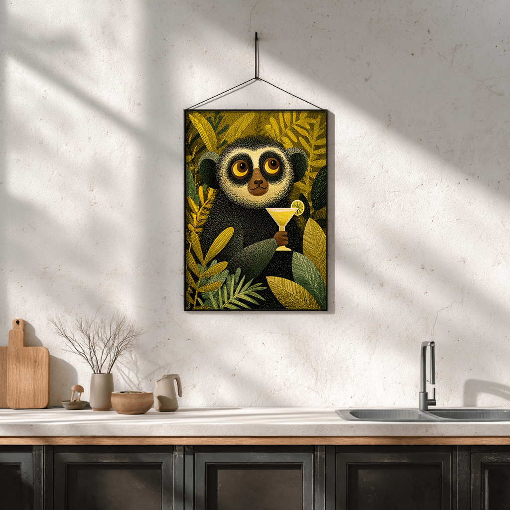 Whimsical lemur with margarita digital print showcased on modern kitchen wall
