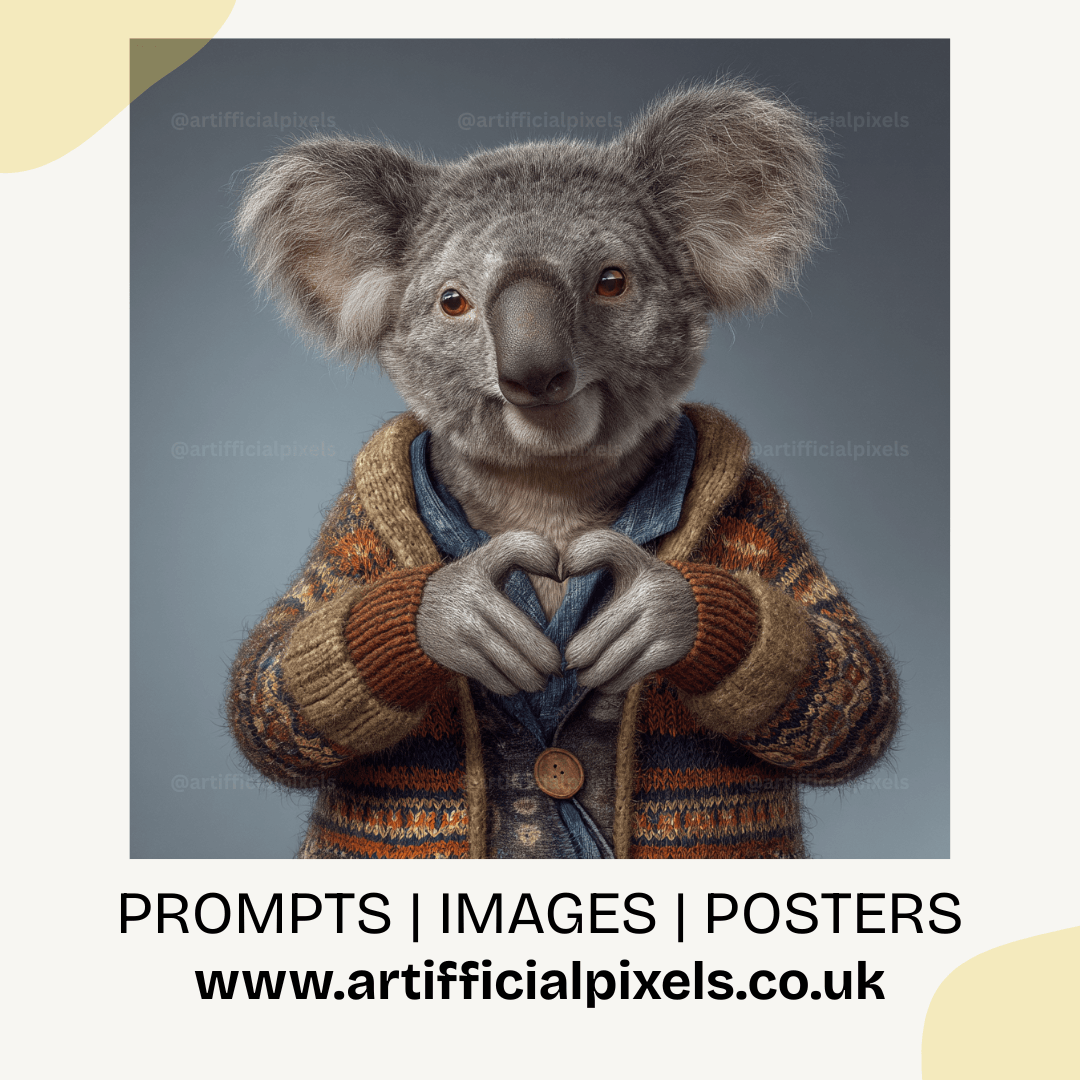 Koala wearing a sweater making a heart shape with its hands on a gray background, with text overlay about prompts, images, and posters from www.artificialpixels.co.uk