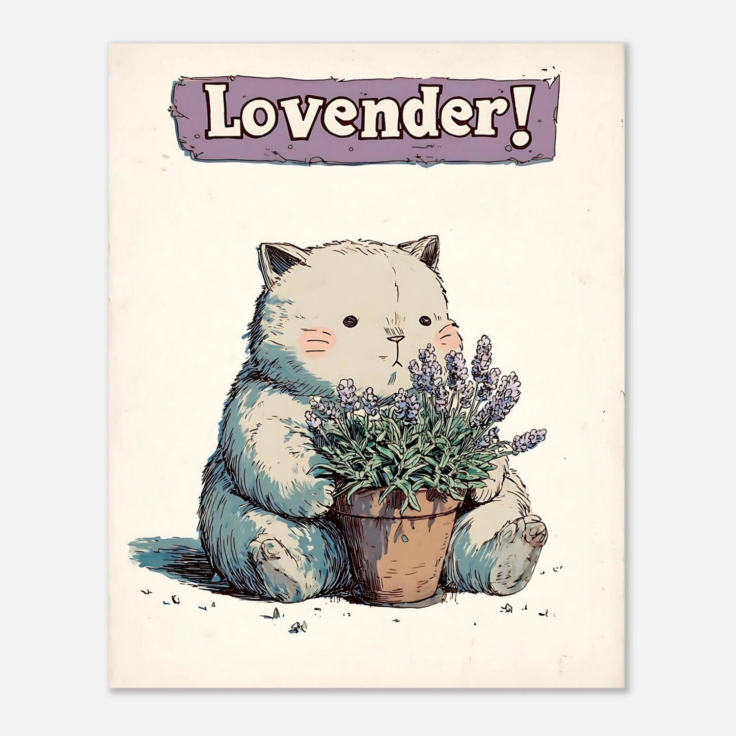 Lavender cat poster whimsical wall art print size 20x25 cm / 8x10 inch, small pastel illustration for cosy decor