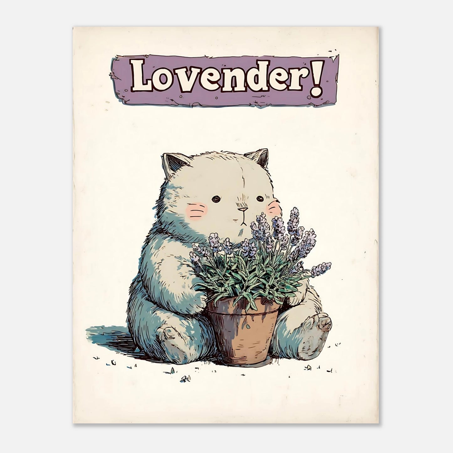 Lavender cat poster whimsical botanical print size 27x35 cm / 11x14 inch, illustrated animal art for wall decor