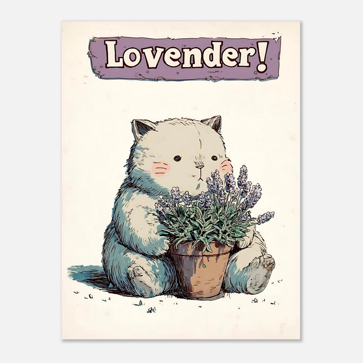 Lavender cat poster wall art print size 45x60 cm / 18x24 inch, playful illustrated botanical artwork for home decor