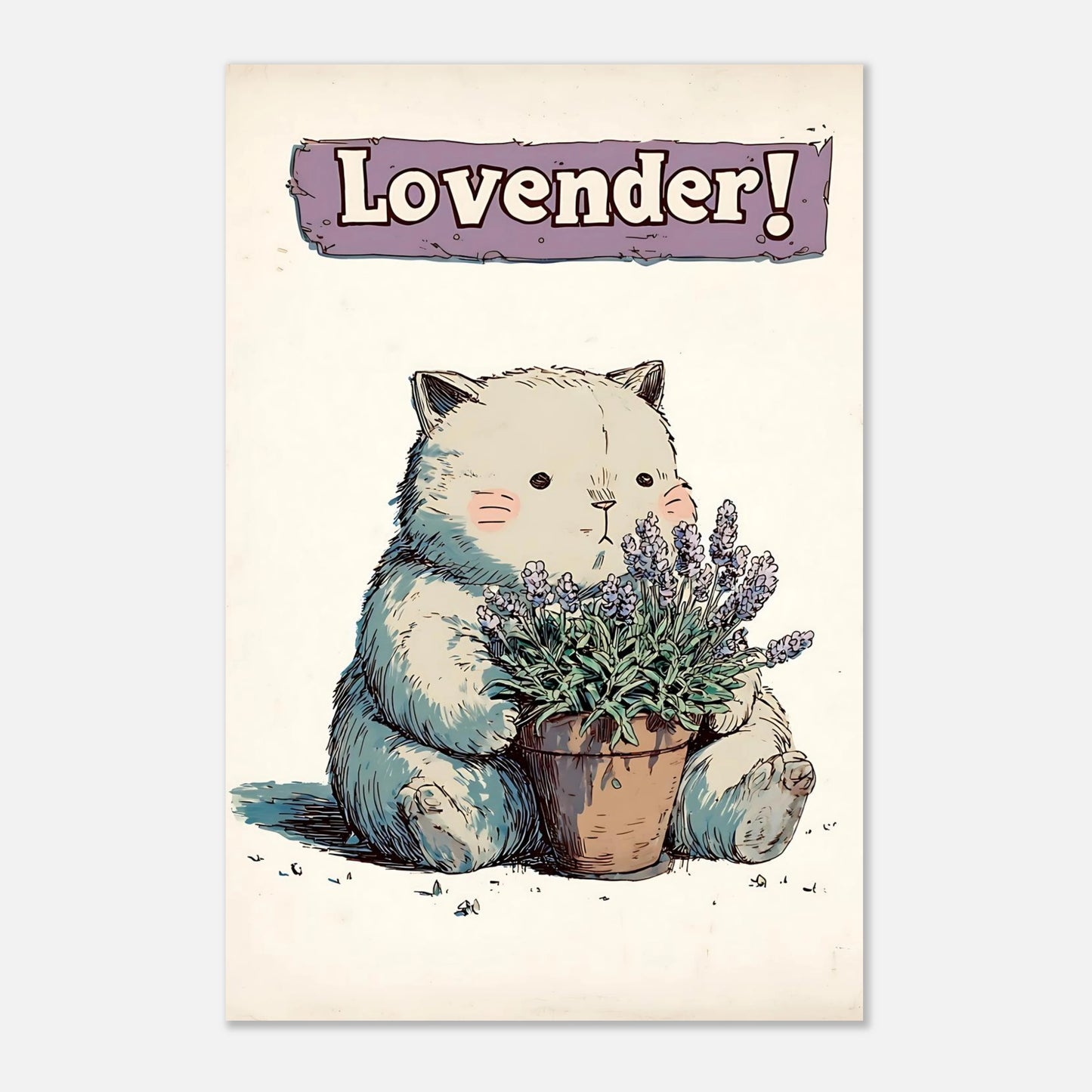Lavender cat poster large wall art print size 60x90 cm / 24x36 inch, whimsical illustrated botanical artwork for living room or bedroom