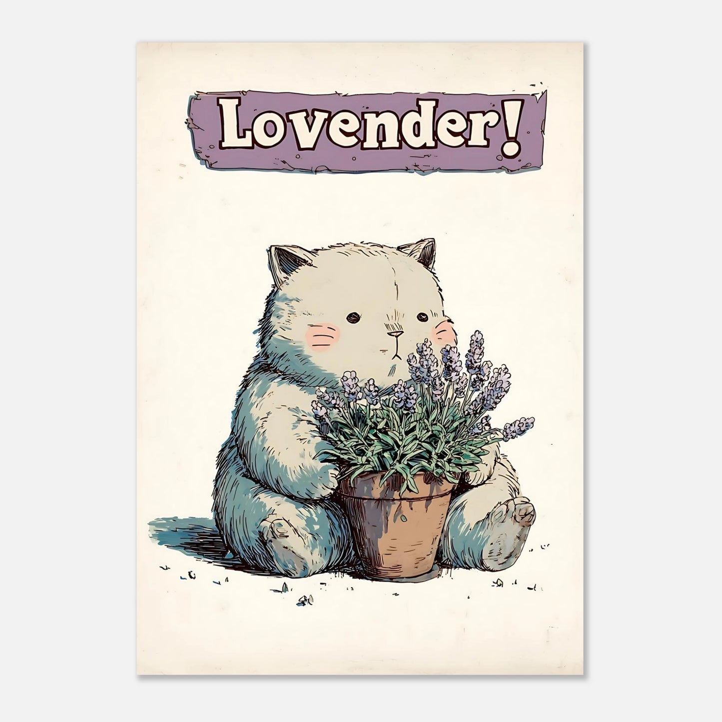 Lavender cat poster whimsical wall art A1 size 59.4x84.1 cm, pastel illustration artwork for statement wall decor
