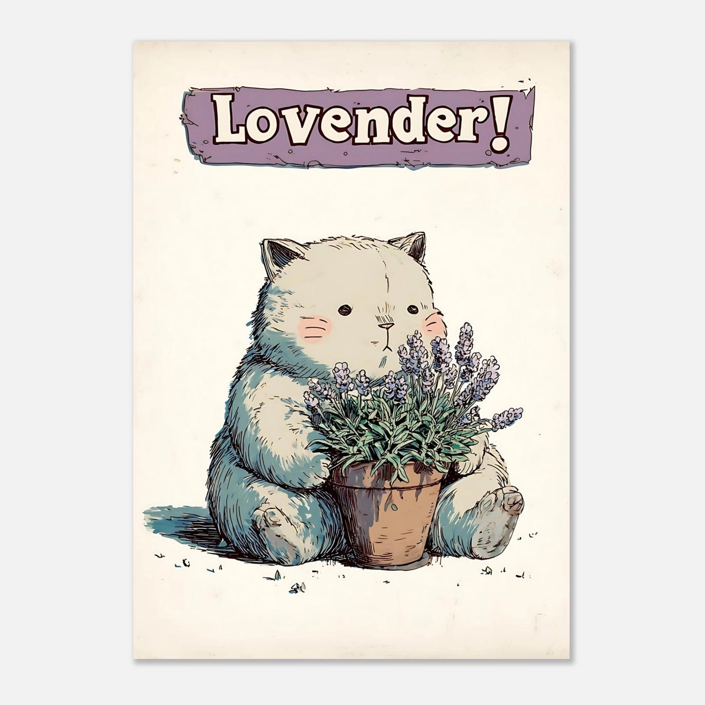 Lavender cat poster whimsical wall art print A2 size 42x59.4 cm, pastel botanical artwork for larger wall spaces