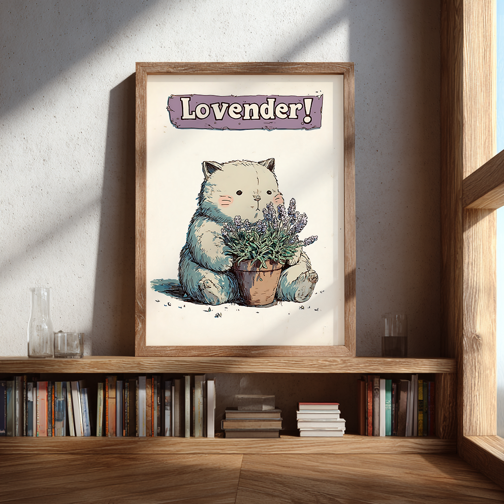 Lavender cat poster whimsical wall art styled on wooden bookshelf with soft natural light, perfect cosy decor print