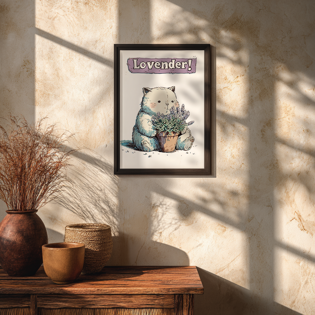 Lavender cat poster whimsical wall art hung in glass frame on textured wall with natural shadows, cosy botanical decor