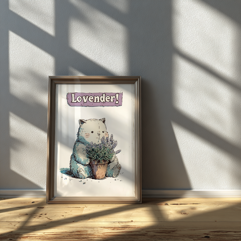 Lavender cat poster wall art print in glass frame with sunlight and shadows, pastel illustration botanical home decor