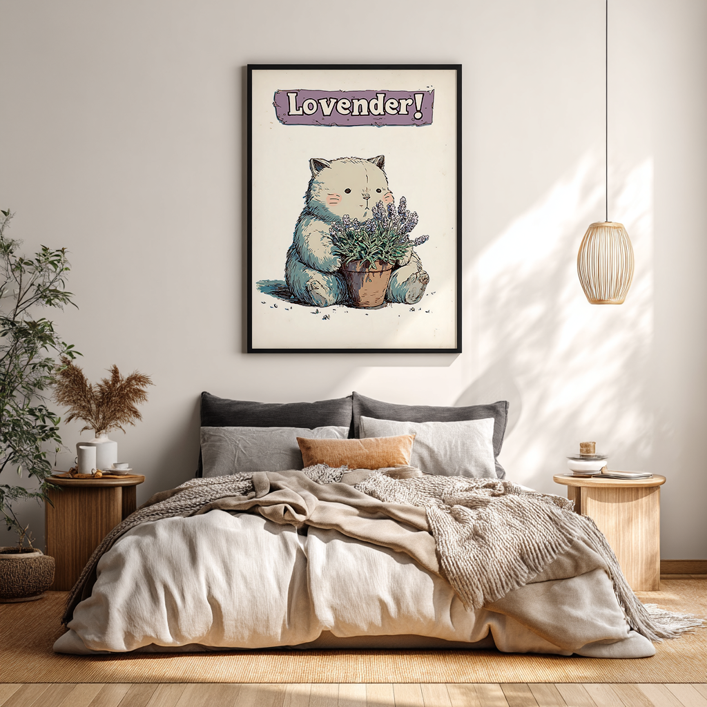 Lavender cat poster wall art above bed in minimalist bedroom decor, cosy pastel illustration print for relaxing spaces