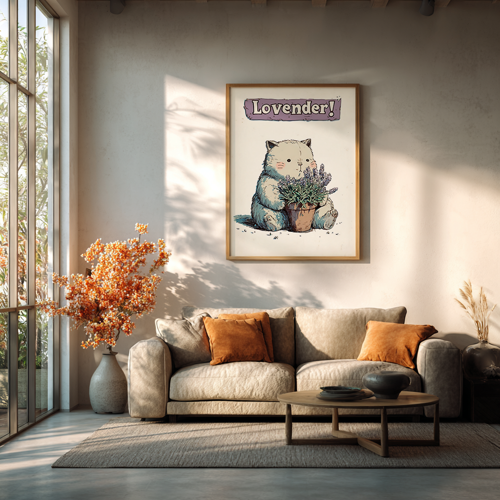 Lavender cat poster wall art framed in living room with neutral tones and natural light, whimsical botanical illustration decor