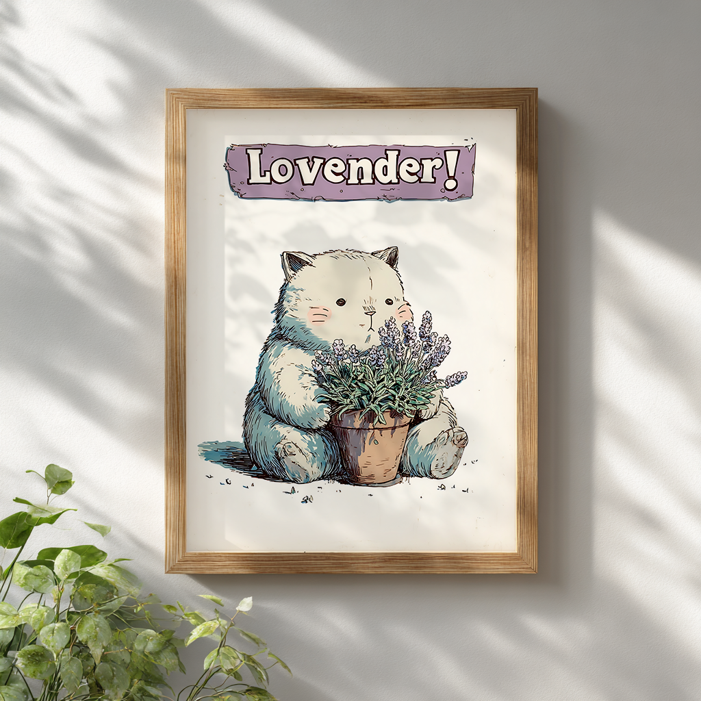 Lavender cat poster whimsical wall art framed in light wooden frame on white wall with plant, cosy botanical print