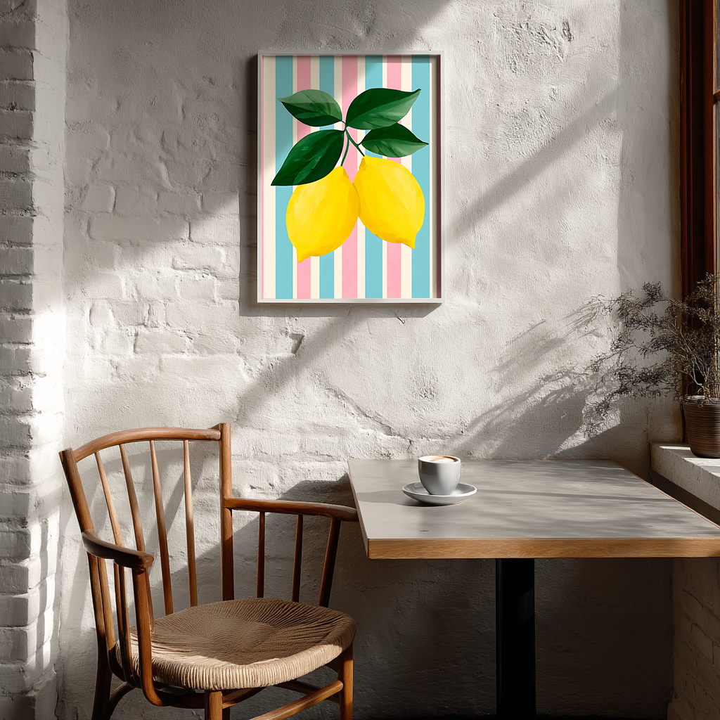 Framed lemon art poster hanging in a Scandinavian-style cafe, soft light and neutral tones