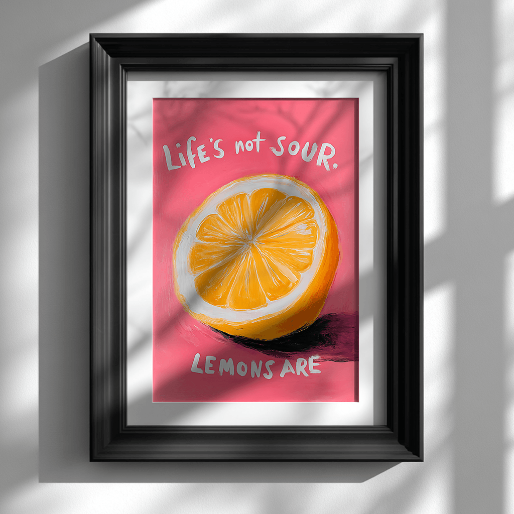 Lemon motivation poster featuring vibrant pop art design displayed in black frame on white wall for modern visual art
