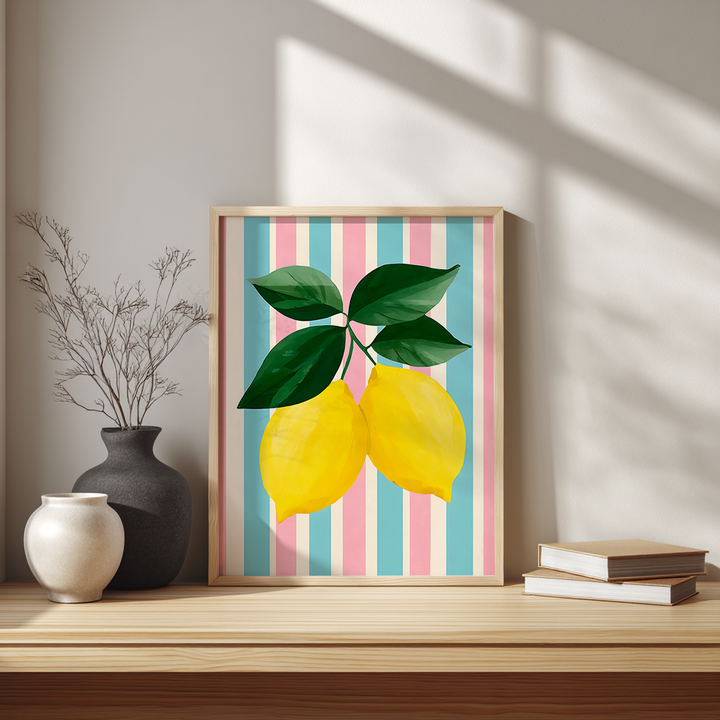 Lemon print poster with pastel stripes displayed on a Scandinavian desk, home office wall art mockup