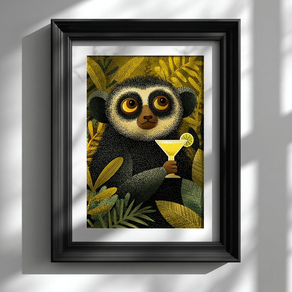 Playful lemur margarita poster displayed in elegant black frame on clean white wall