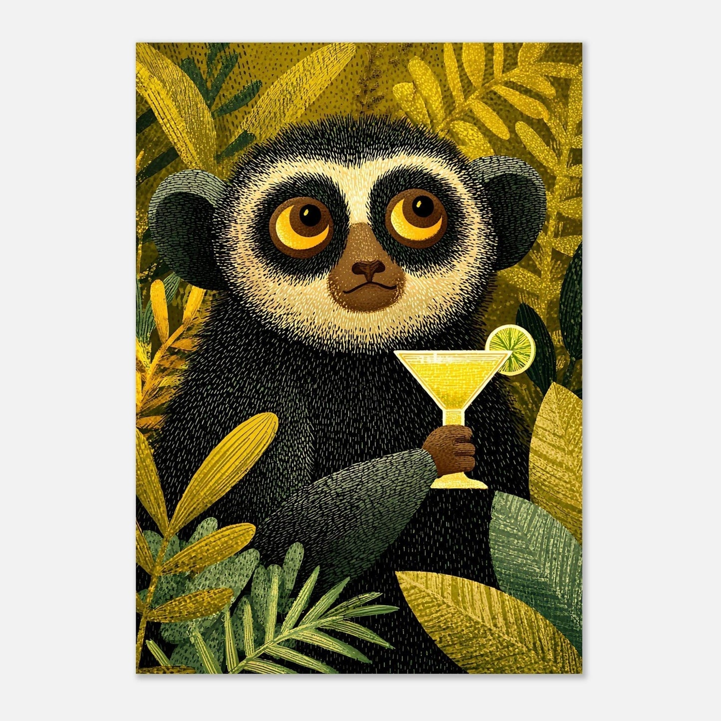 Modern wall decor featuring tropical lemur with cocktail in artistic jungle scene