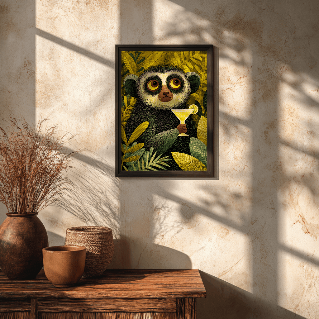 Tropical lemur cocktail poster presented in sleek glass frame on neutral wall