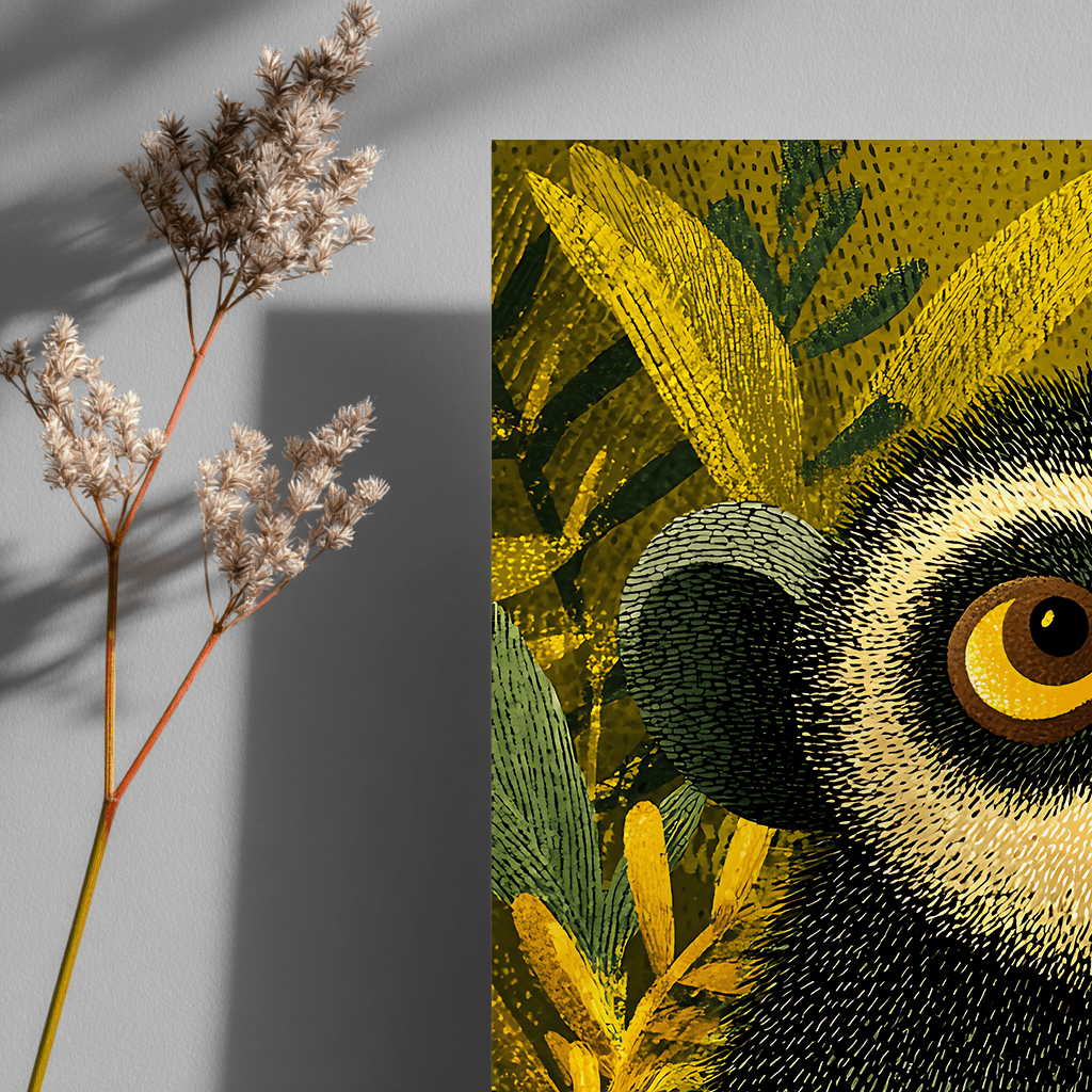 Close-up detail of playful lemur with margarita AI digital art print showing vibrant colours and textures
