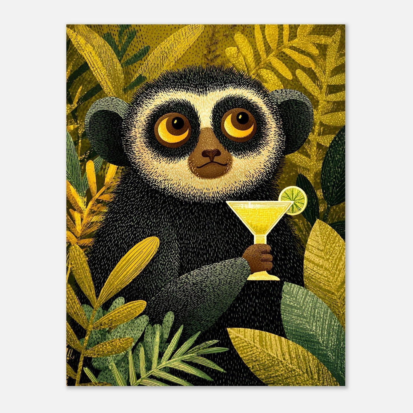 Tropical art print for home decor showing lemur with margarita in lush jungle backdrop