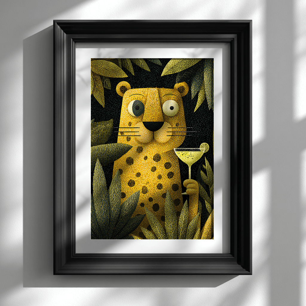 Leopard poster visual art displayed in black frame on white wall for statement wall decor