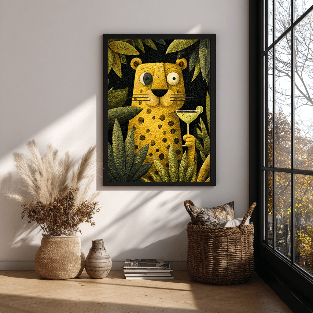 Leopard poster visual art displayed in boho eclectic kitchen interior design