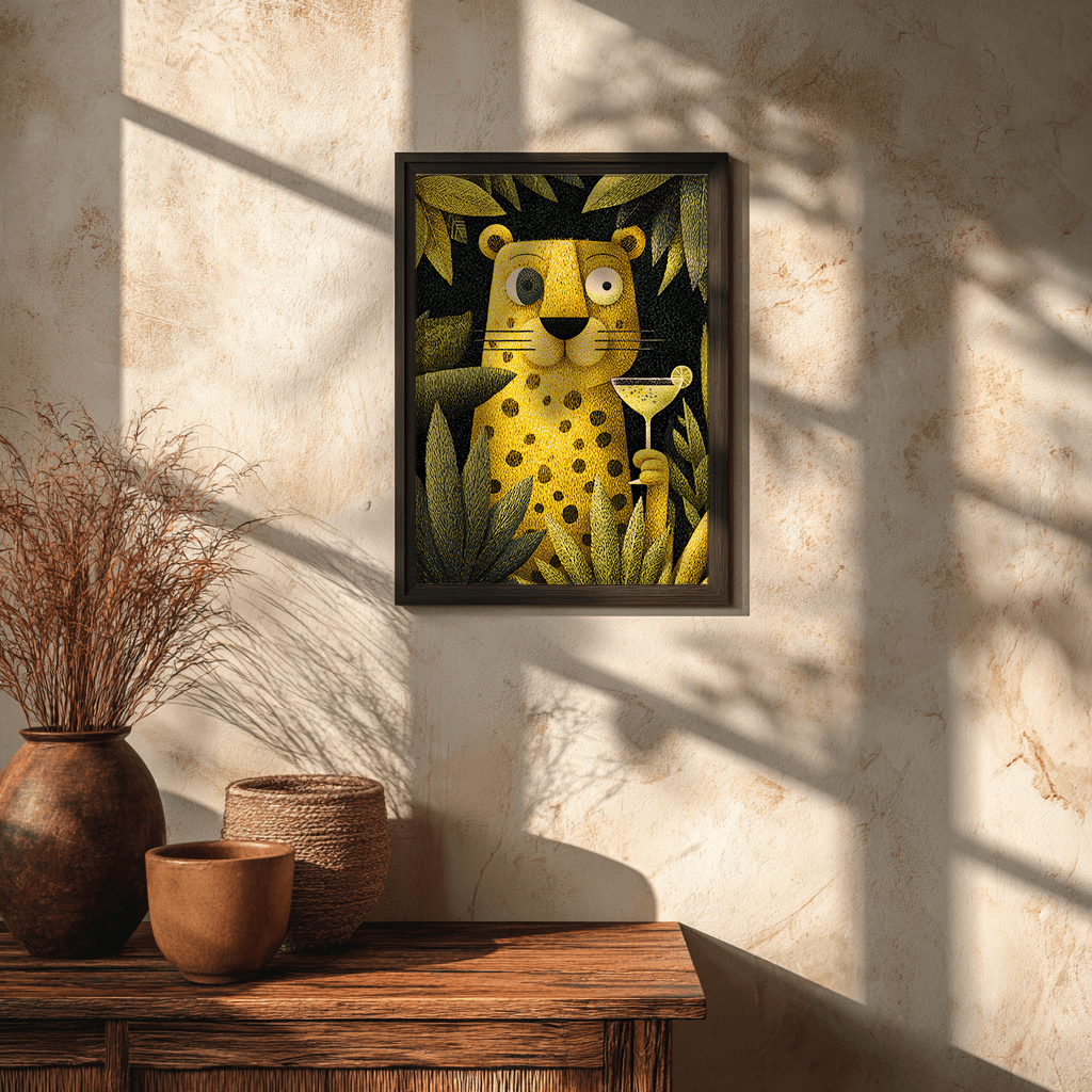 Leopard poster visual art displayed in glass frame for modern wall decor