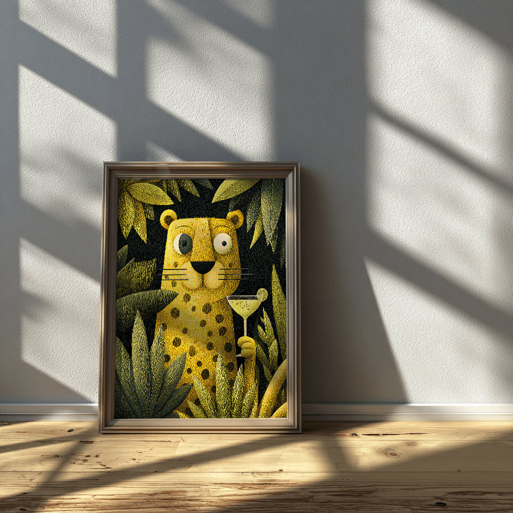 Leopard poster visual art displayed in glass frame mounted on wall